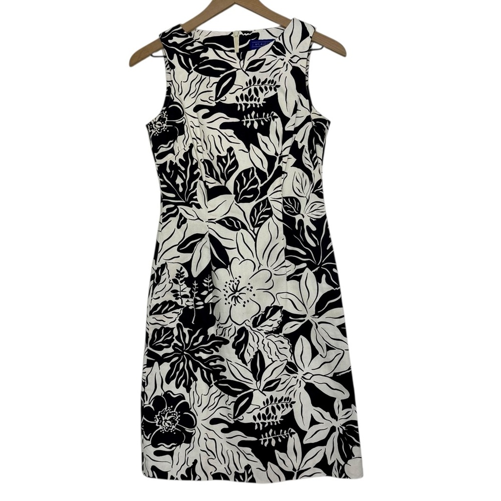 J. McLaughlin Sleeveless Floral Sheath Dress Pleated Black Cream Size 2